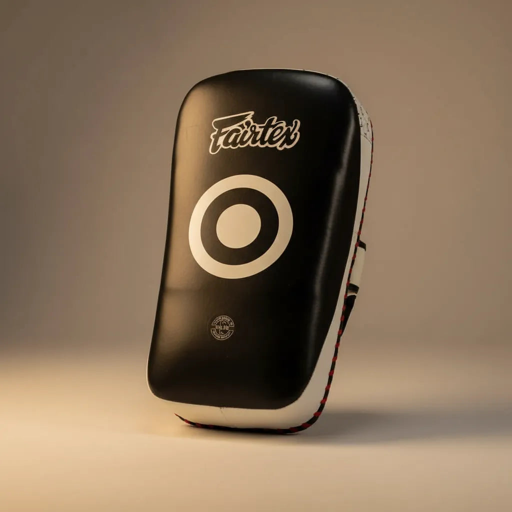 Pao Fairtex curved kick pad en studio sur fond gris chaud