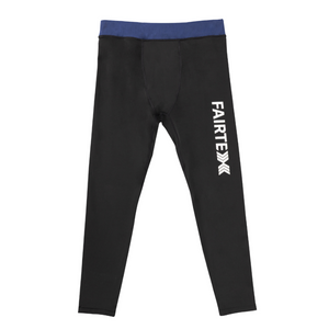Black compression leggings with blue waistband and Fairtex logo on a white background