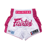 Fairtex Muay Thai Shorts Pink Strike in white and metallic pink satin with Fairtex logo