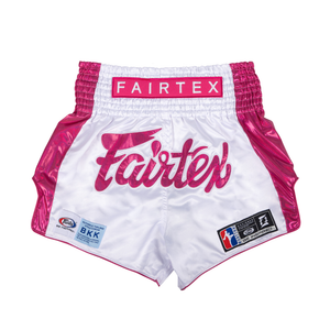 Fairtex Muay Thai Shorts Pink Strike in white and metallic pink satin with Fairtex logo
