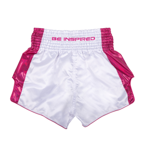 Fairtex Muay Thai Shorts Pink Strike in white and metallic pink satin with Fairtex logo